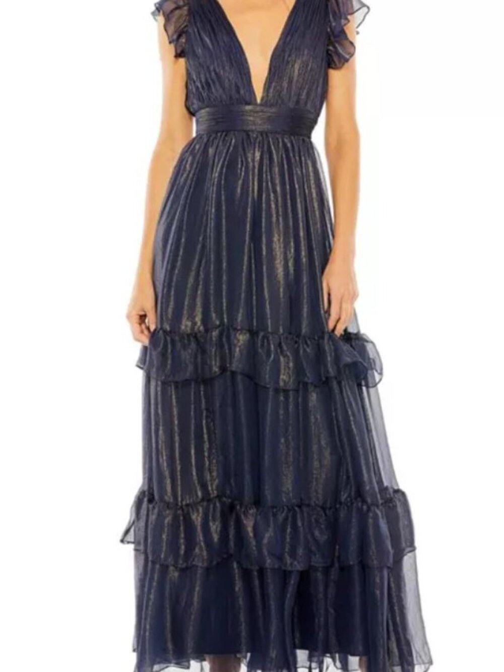 Mac Duggal Navy Metallic Ruffle Tiered Maxi Dress